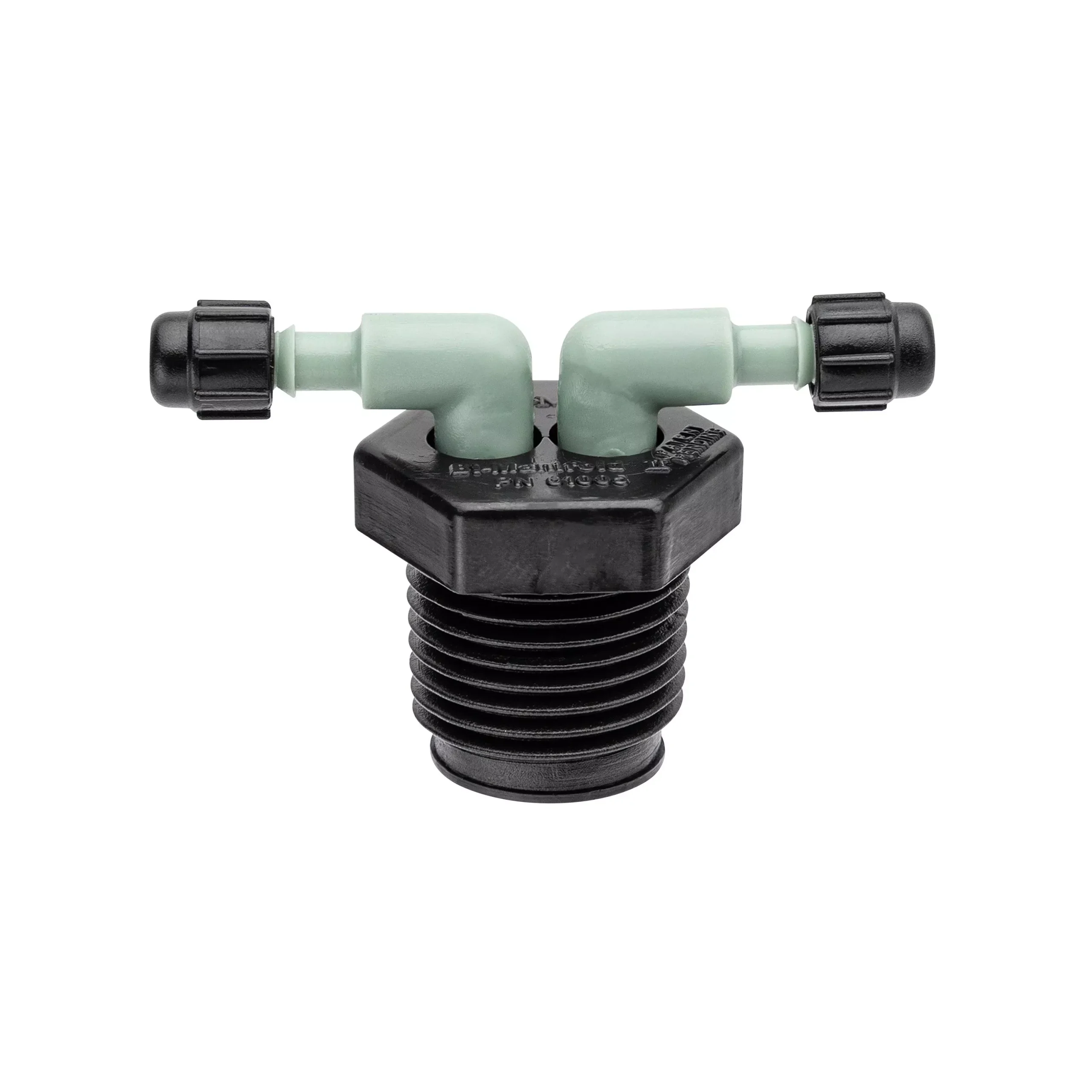 1/2″ MPT x 1/4″ Barb 2-Port Full Flow Drip Manifold 67035