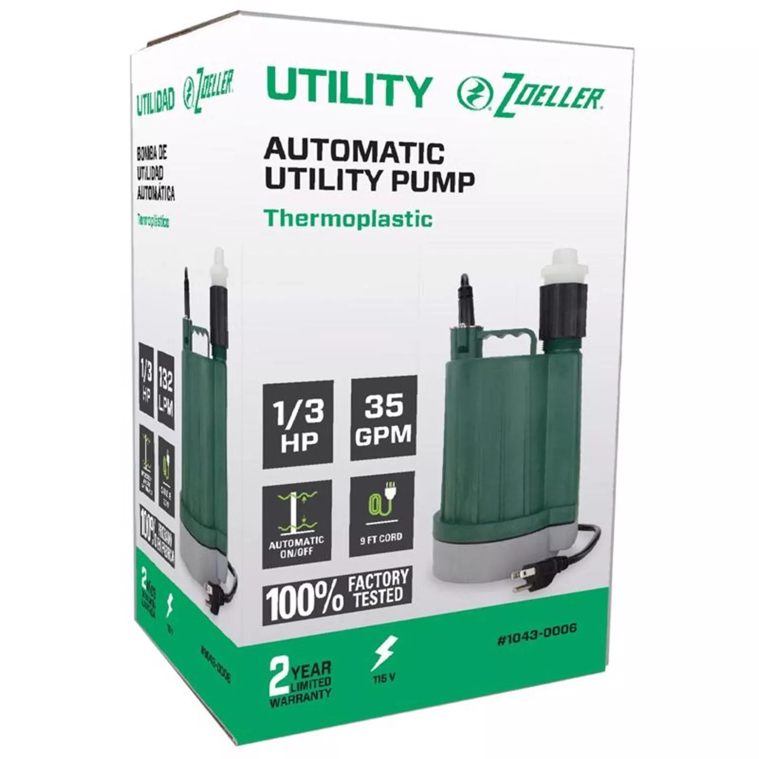 1/3 Hp 2400 Gph Thermoplastic Electronic Switch Bottom Ac Submersible Utility Pump