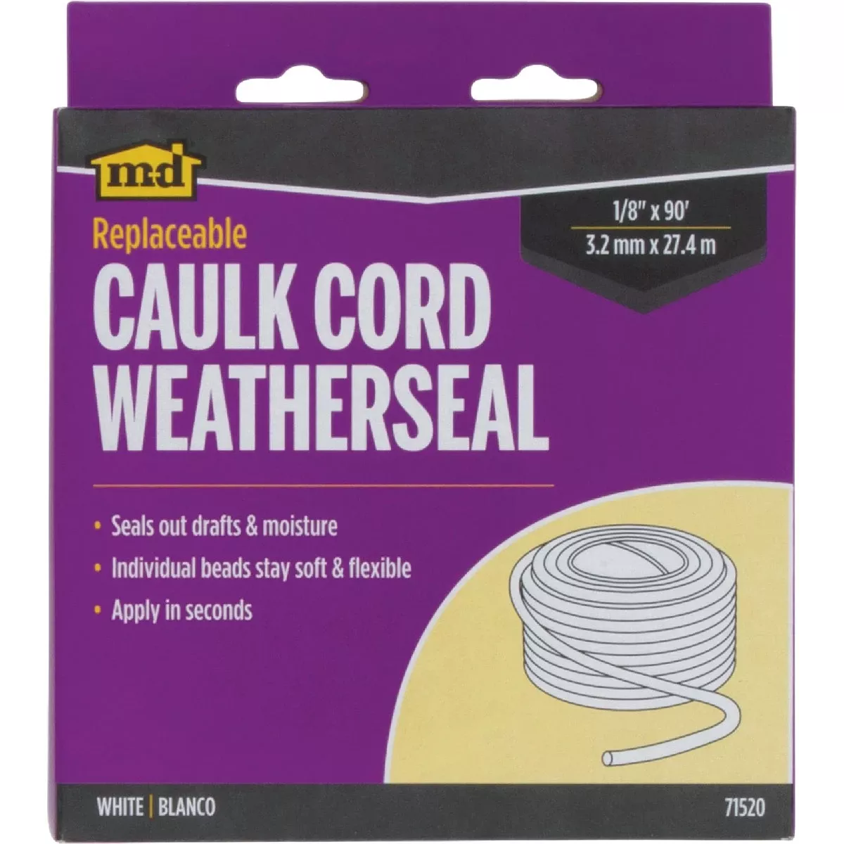 1/8 In. X 90 Ft. White Synthetic Fiber Replaceable Caulk Cord