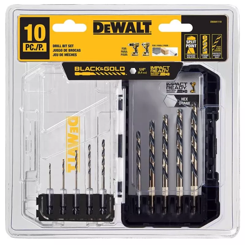 10-pc. Black & Gold Hss Drill Bit Set, Hex Shank