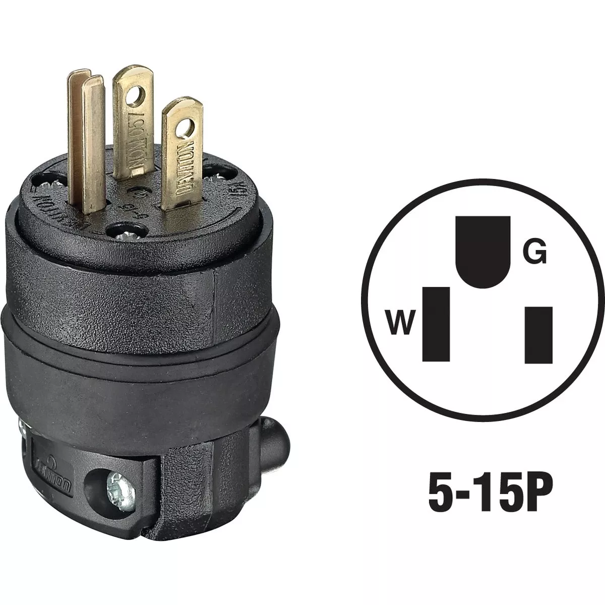 15a 125v 3-wire 2-pole Rubber Grounding Cord Plug - Model 000-515pr