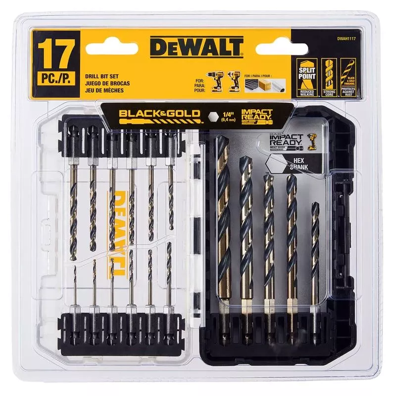 17-pc. Black & Gold Hss Drill Bit Set, Impact Ready, Hex Shank