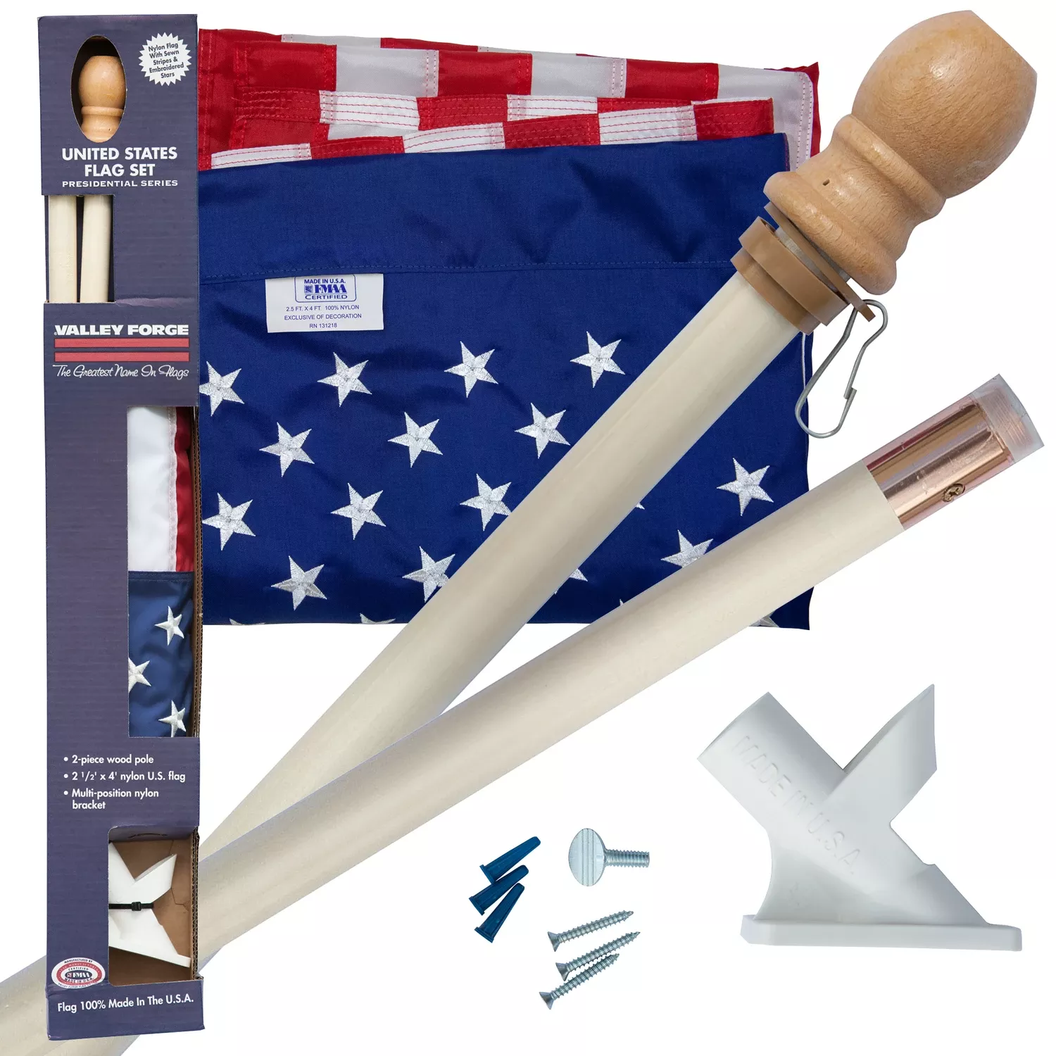 2.5 Ft. X 4 Ft. Nylon American Flag & 5 Ft. Wood Pole Kit
