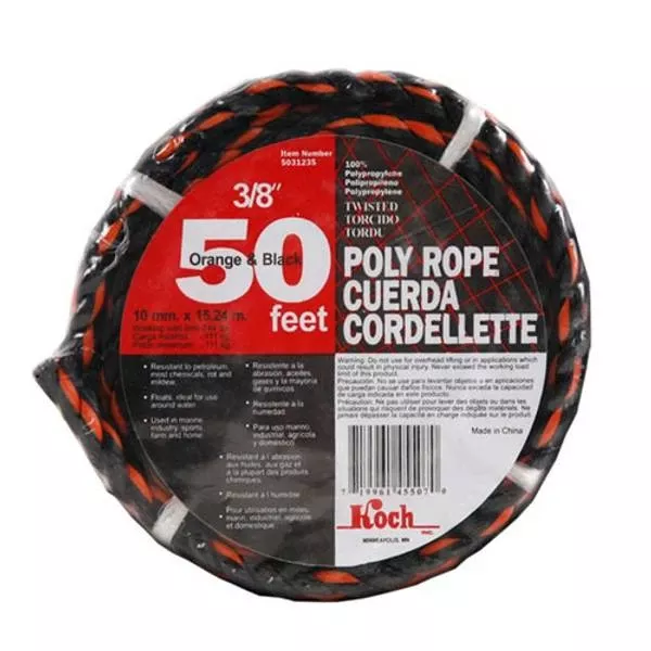 3/8 In. Diameter X 50 Ft. Length Black And Orange Twisted Polypropylene Rope
