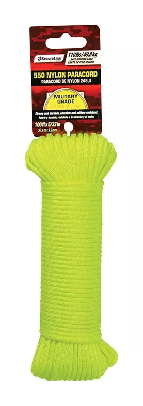 5/32 In. Diameter X 100 Ft. Length Yellow Braided Nylon Paracord