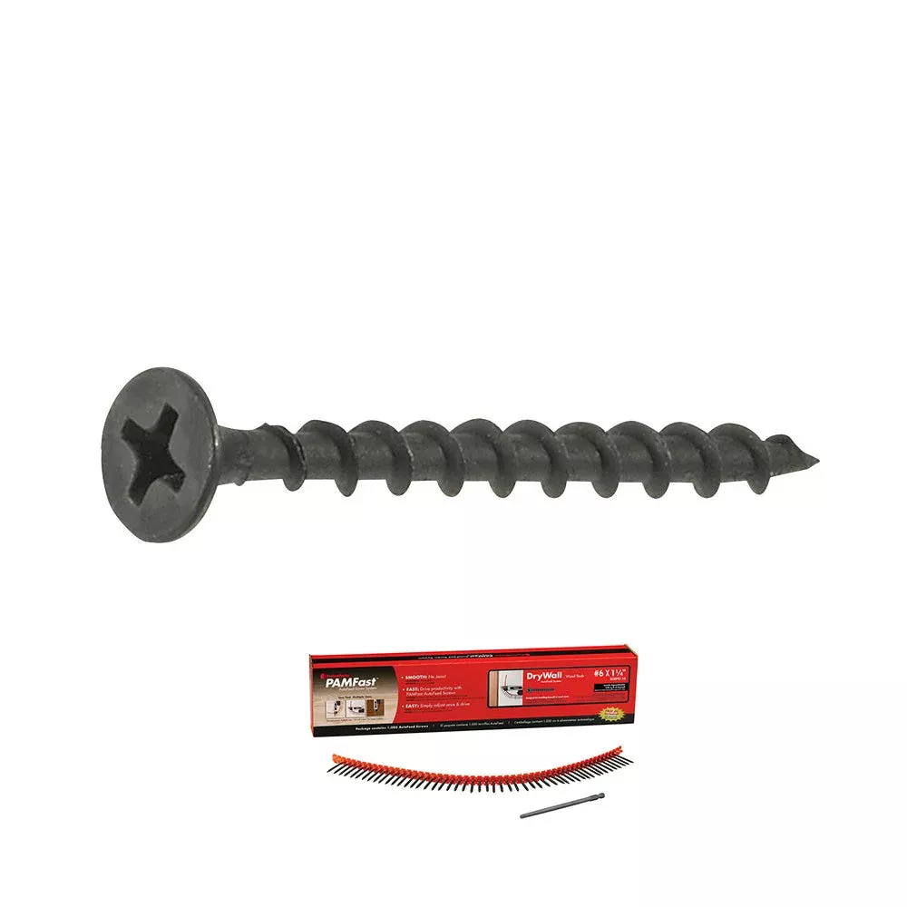 #6 x 1 1/4 – PAMFast #2 Phillips Drywall to Wood Stud Autofeed Screws Black Phosphate – Carton (1000)