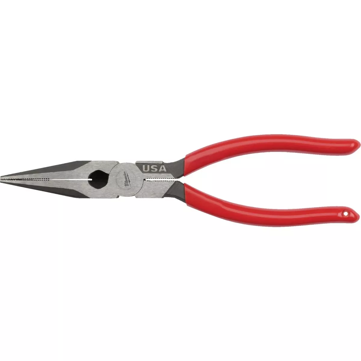 8 In. Dipped Grip Long Nose Pliers With Reaming Head And Fish Tape Puller