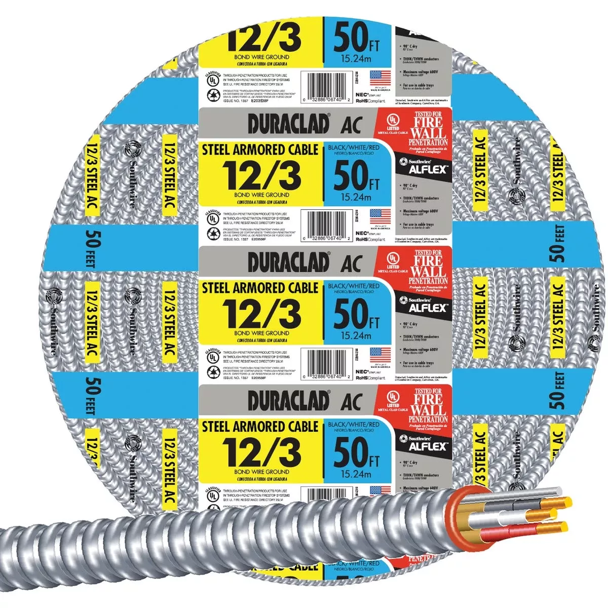 Armored Cable, Steel Jacket, 12/3 Act, 50 Ft.