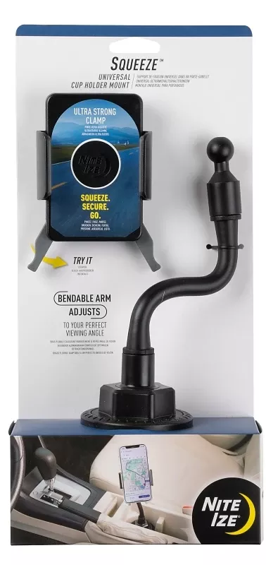 Black Universal Cup Cell Phone Holder With Adjustable Squeeze Clamp
