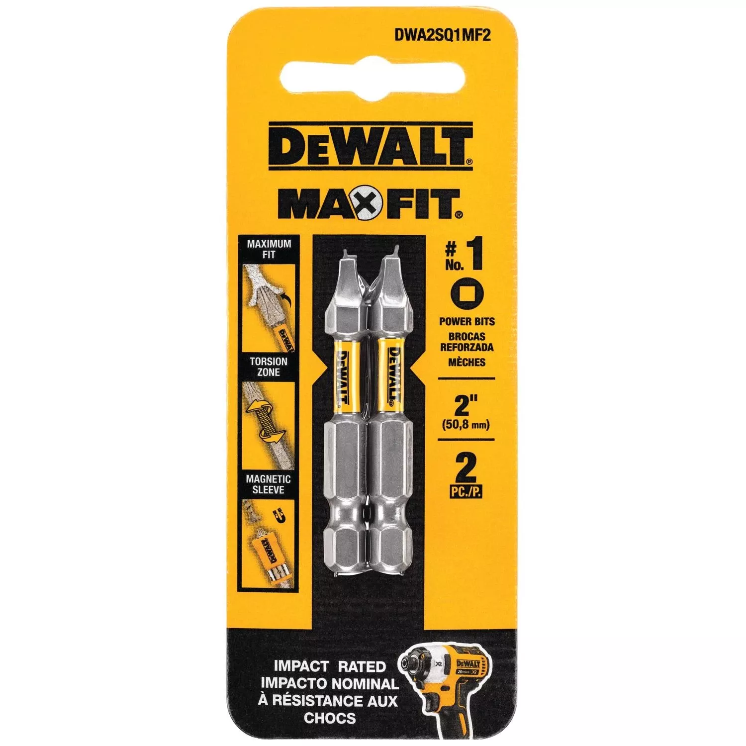 Dewalt Max Fit Square #1 X 2 In. L Screwdriver Bit Steel 2 Pk