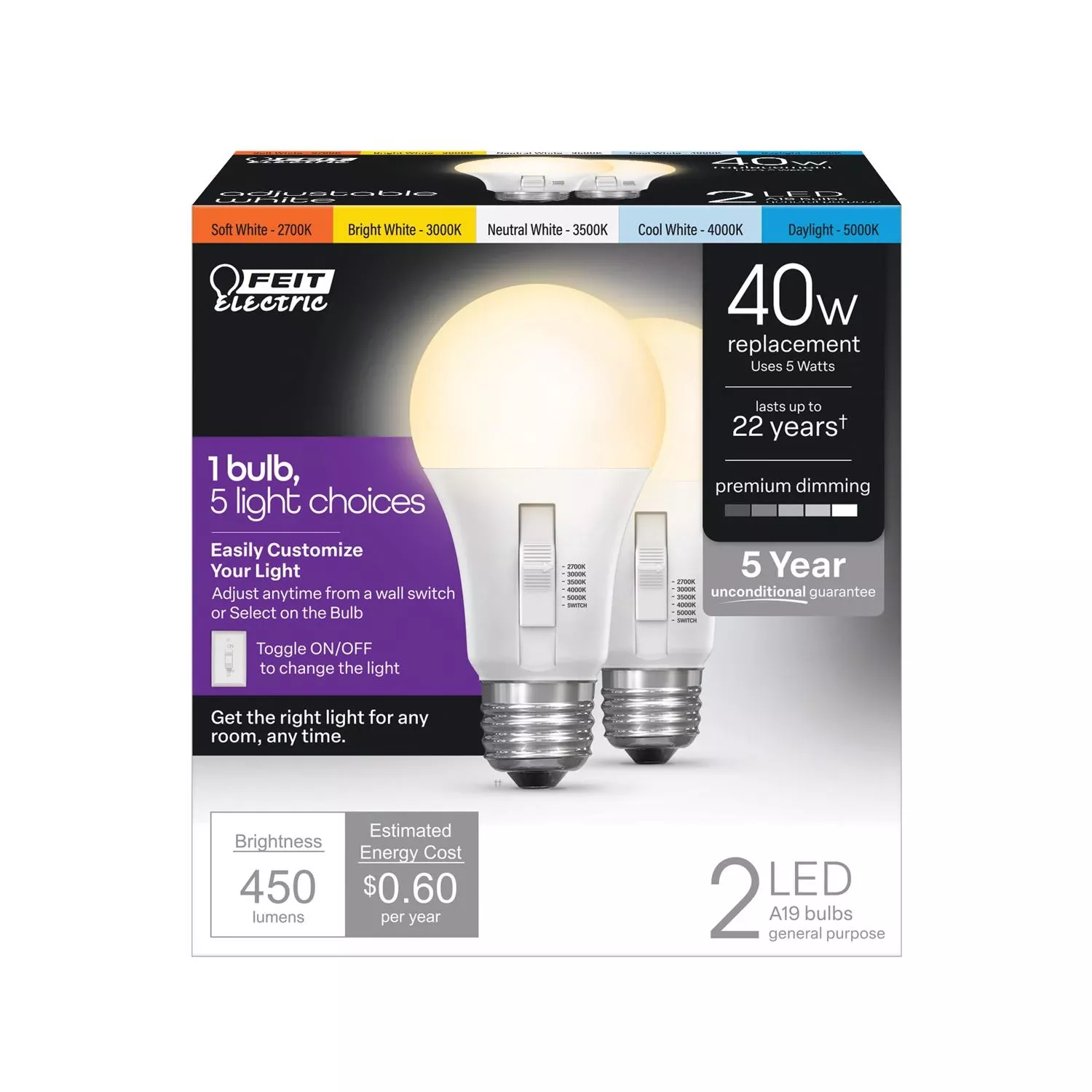 Feit A19 E26 (medium) Led Bulb Adjustable White 40 Watt Equivalence 2 Pk