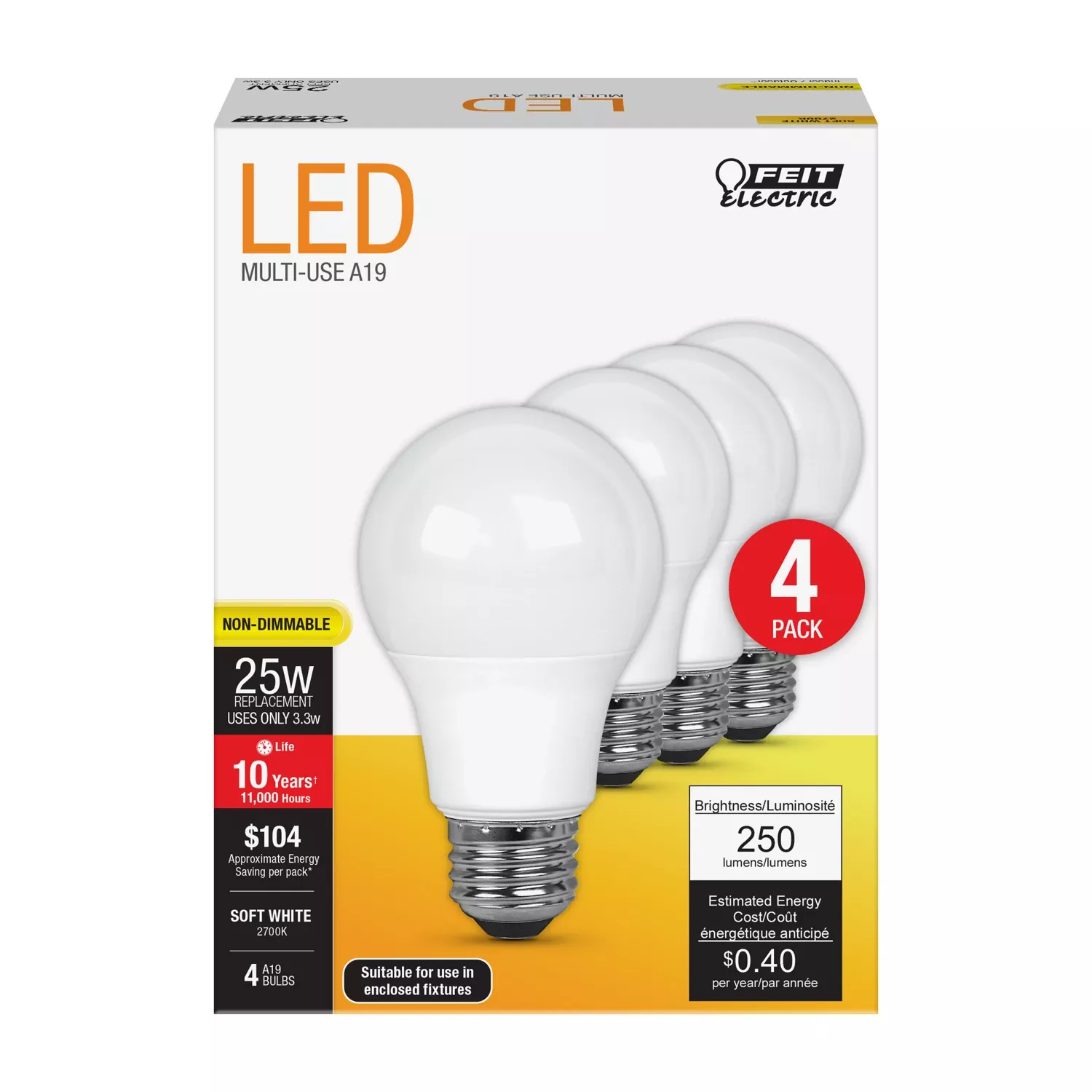 Feit A19 E26 (medium) Led Bulb Soft White 25 Watt Equivalence 4 Pk