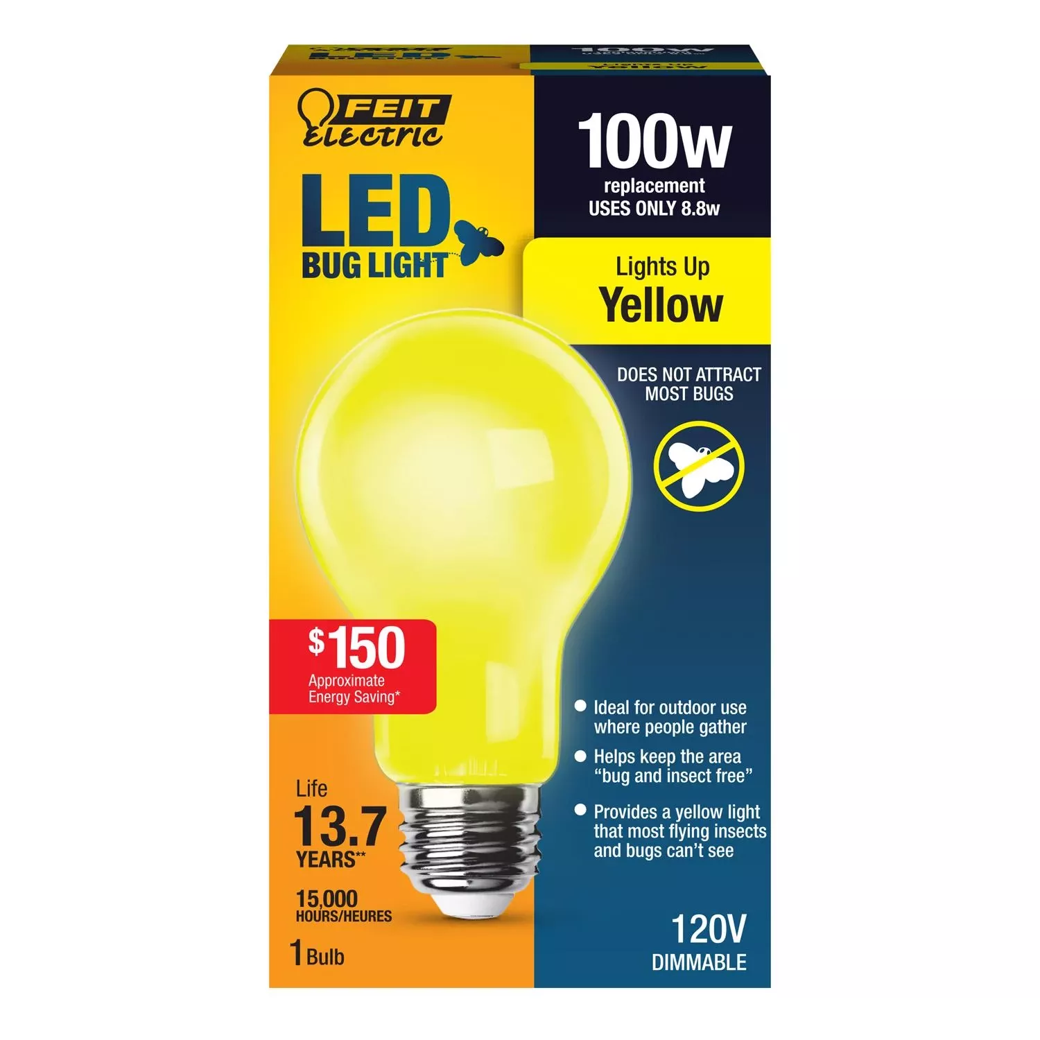 Feit A19 E26 (medium) Led Bulb Yellow 100 Watt Equivalence 1 Pk