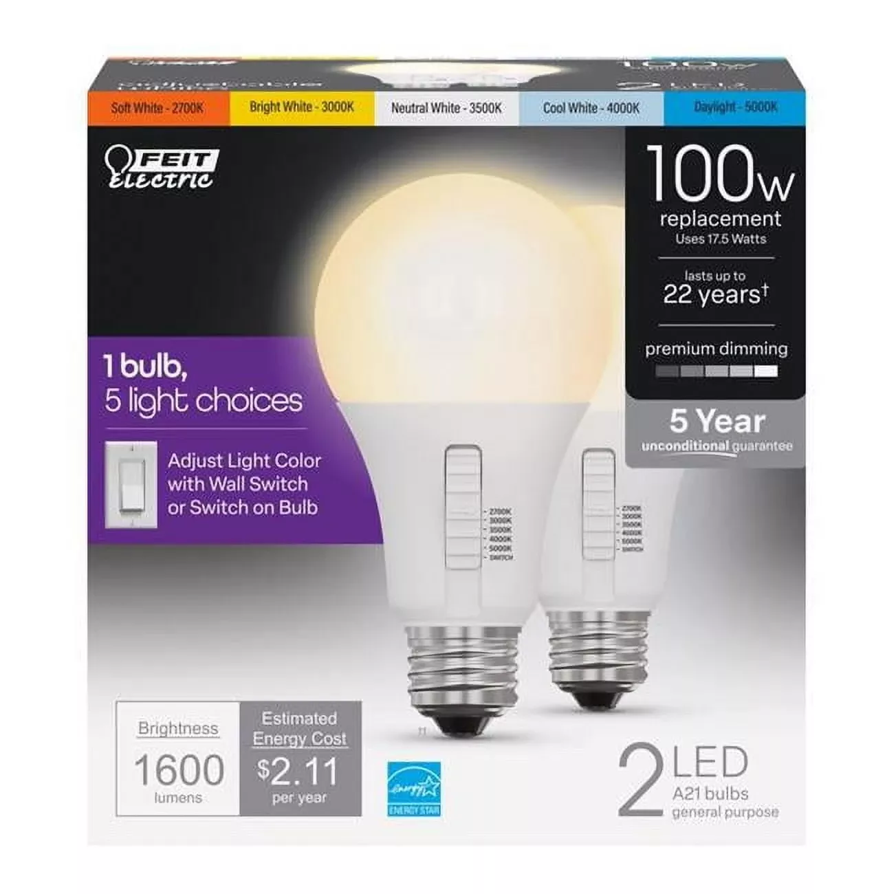 Feit A21 E26 (medium) Led Bulb Adjustable White 100 Watt Equivalence 2 Pk