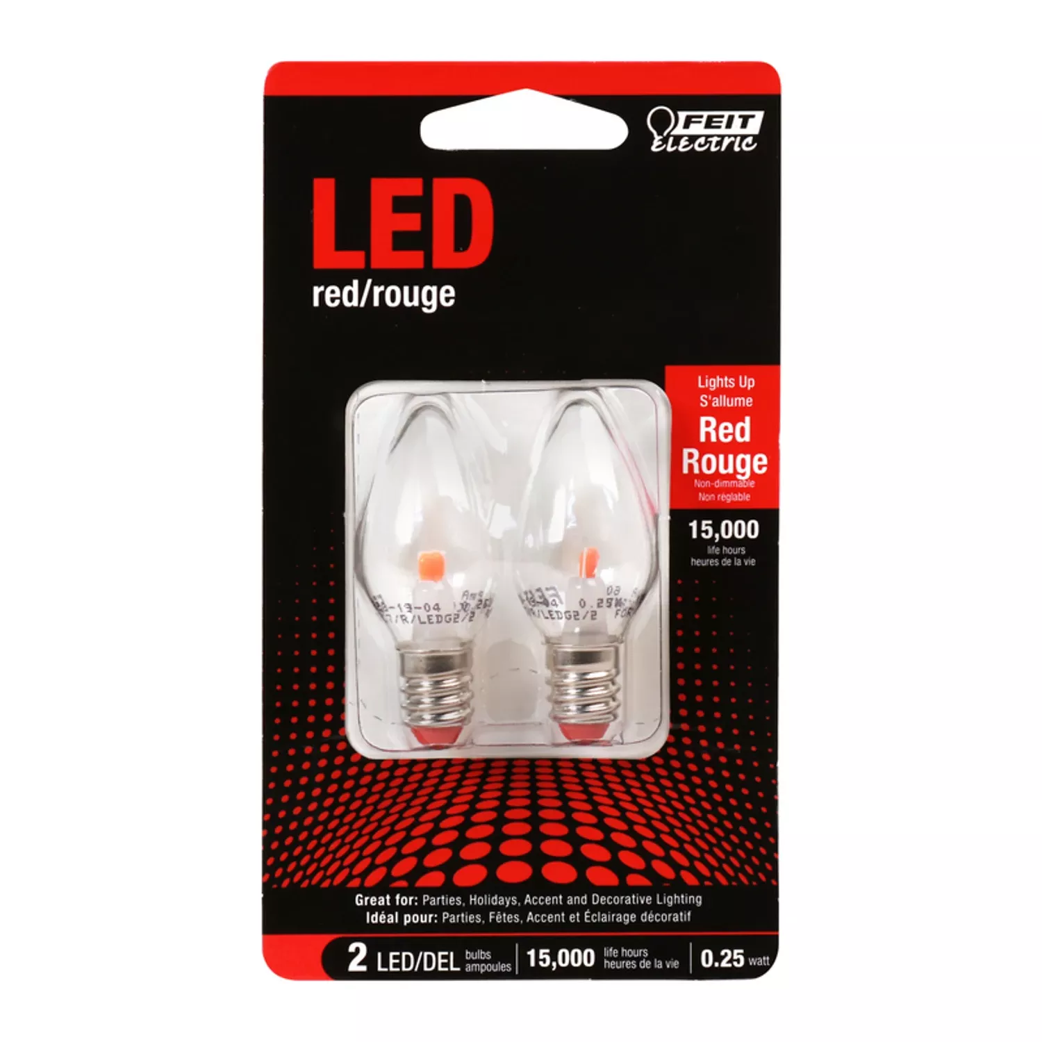 Feit C7 E12 (candelabra) Led Bulb Red 0.5 Watt Equivalence 2 Pk
