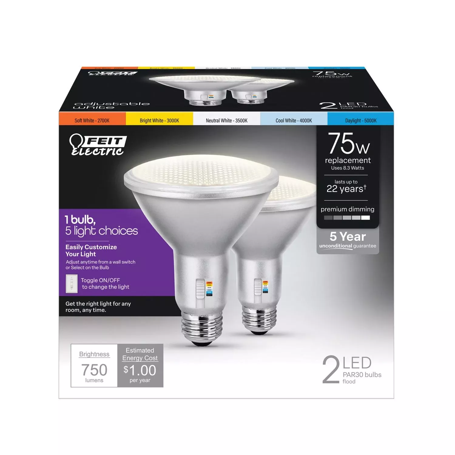 Feit Enhance Par30 E26 (medium) Led Bulb Adjustable White 75 Watt Equivalence 2 Pk