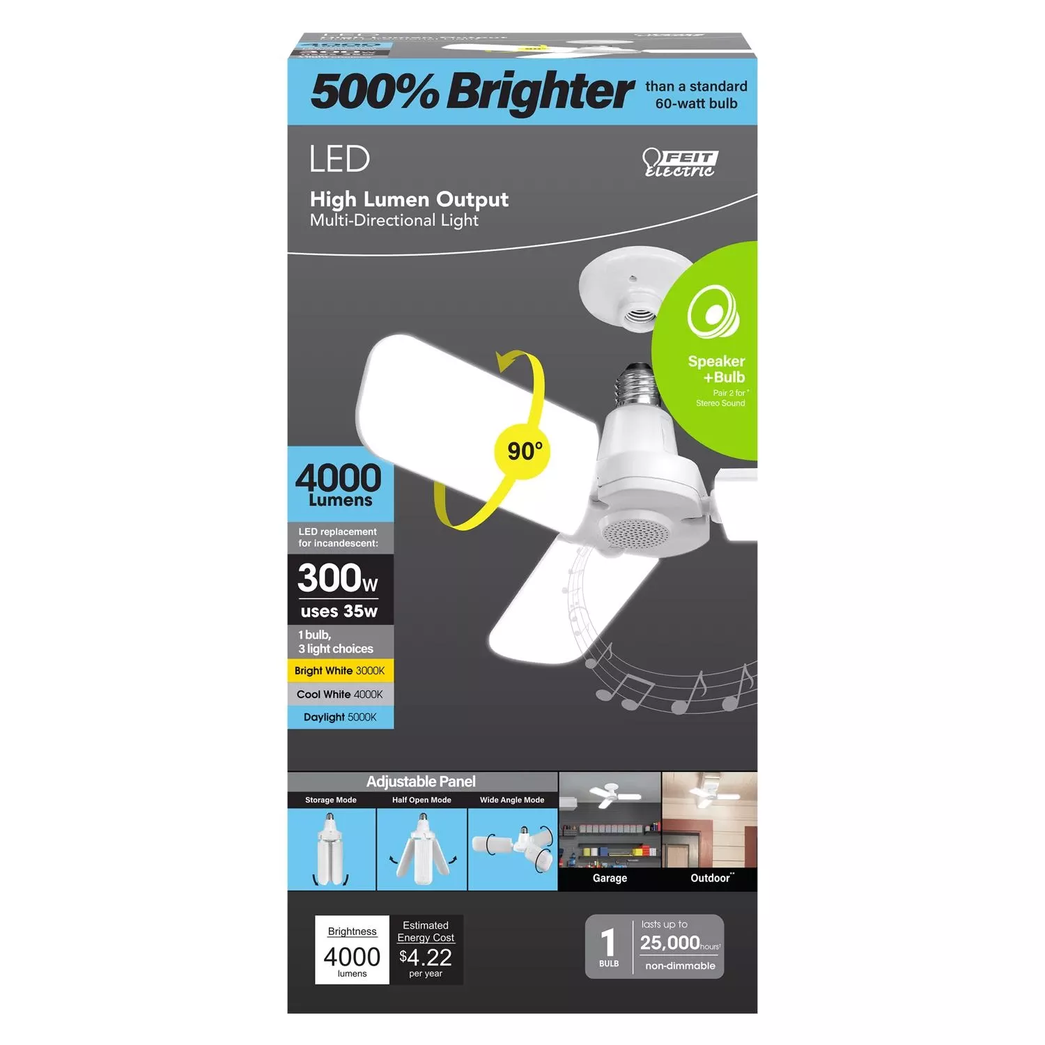 Feit Folding Panel E26 (medium) Led Speaker Bulb Bright White 300 Watt Equivalence 1 Pk