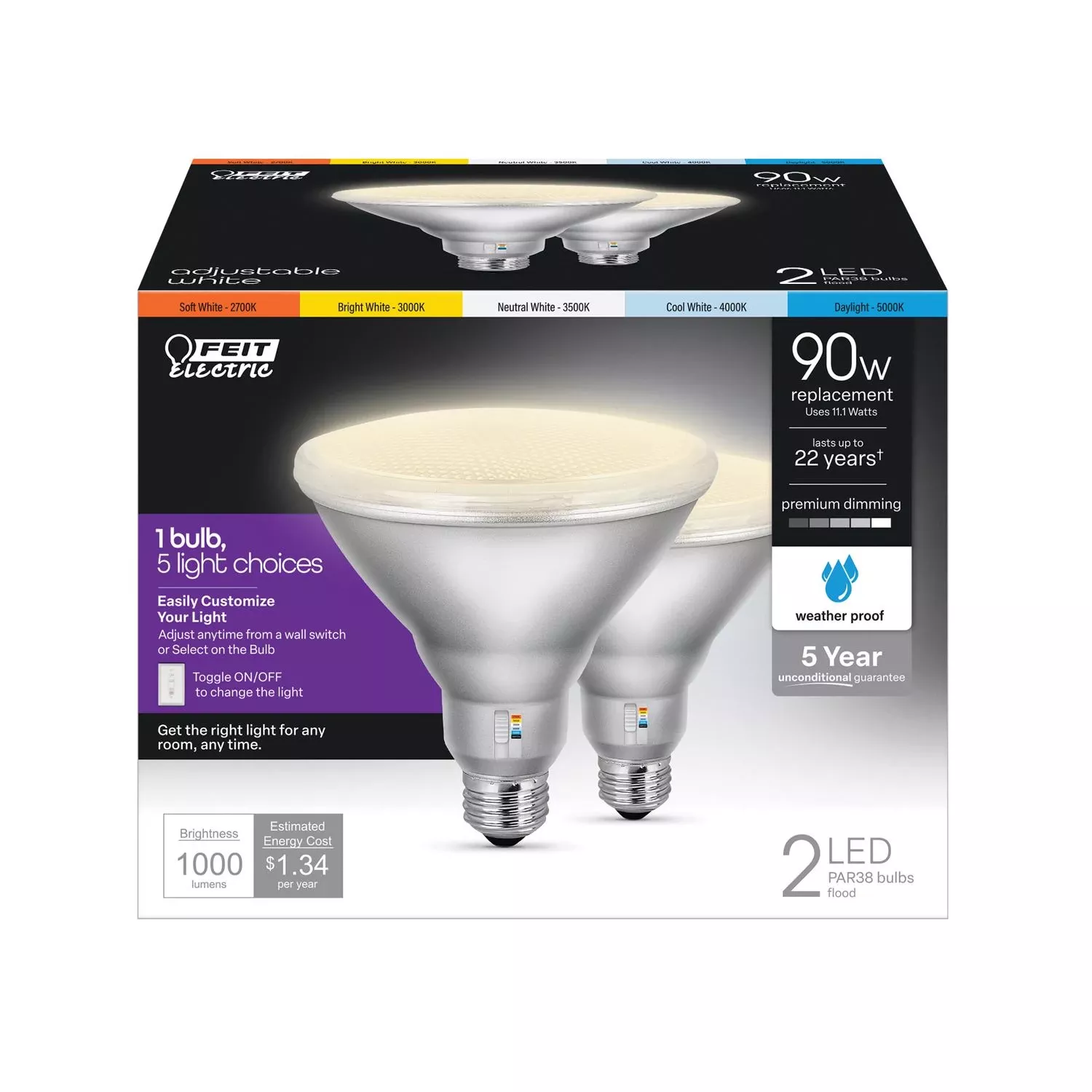 Feit Par38 E26 (medium) Led Bulb Adjustable White 90 Watt Equivalence 2 Pk