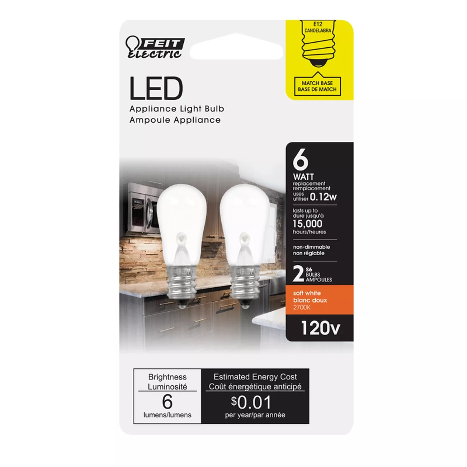 Feit S6 E12 (candelabra) Led Bulb Soft White 6 Watt Equivalence 2 Pk