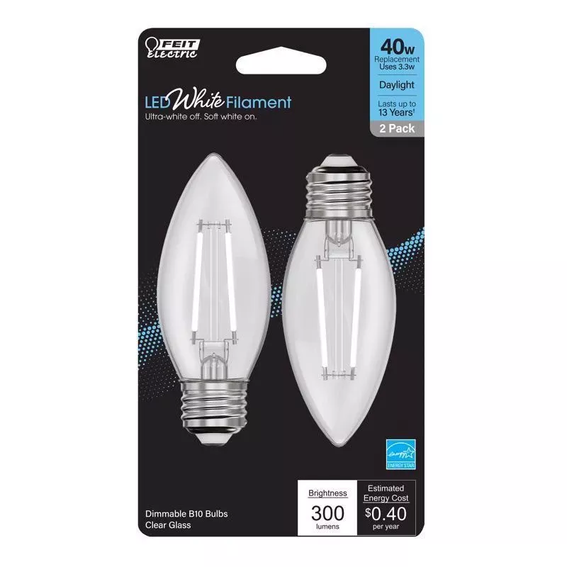 Feit White B10 E26 (medium) Filament Led Bulb Daylight 40 Watt Equivalence 2 Pk