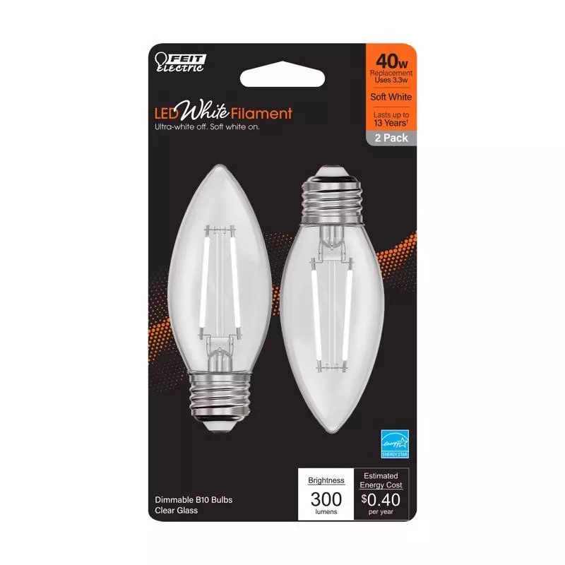 Feit White B10 E26 (medium) Filament Led Bulb Soft White 40 Watt Equivalence 2 Pk