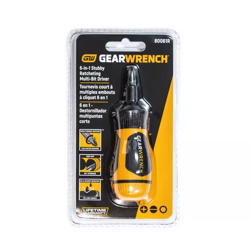 Gearwrench 6-in-1 Stubby Ratcheting Multi-bit Screwdriver With Cushion Grip