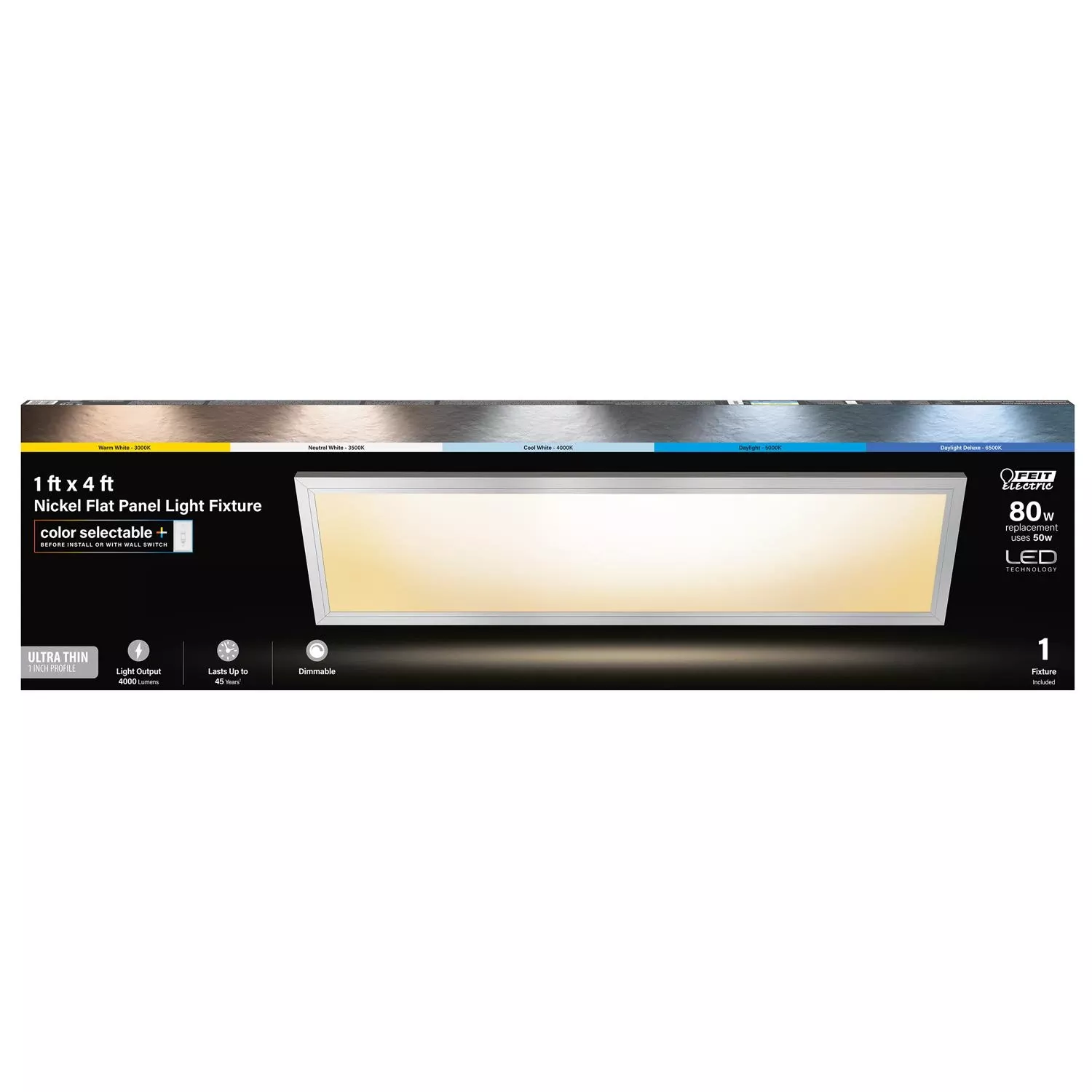 Led Flush Mount Edge-lit Ceiling Light Fixture, Drop-in Installation, Selectable Color Temp, White, 1 X 4 Ft.