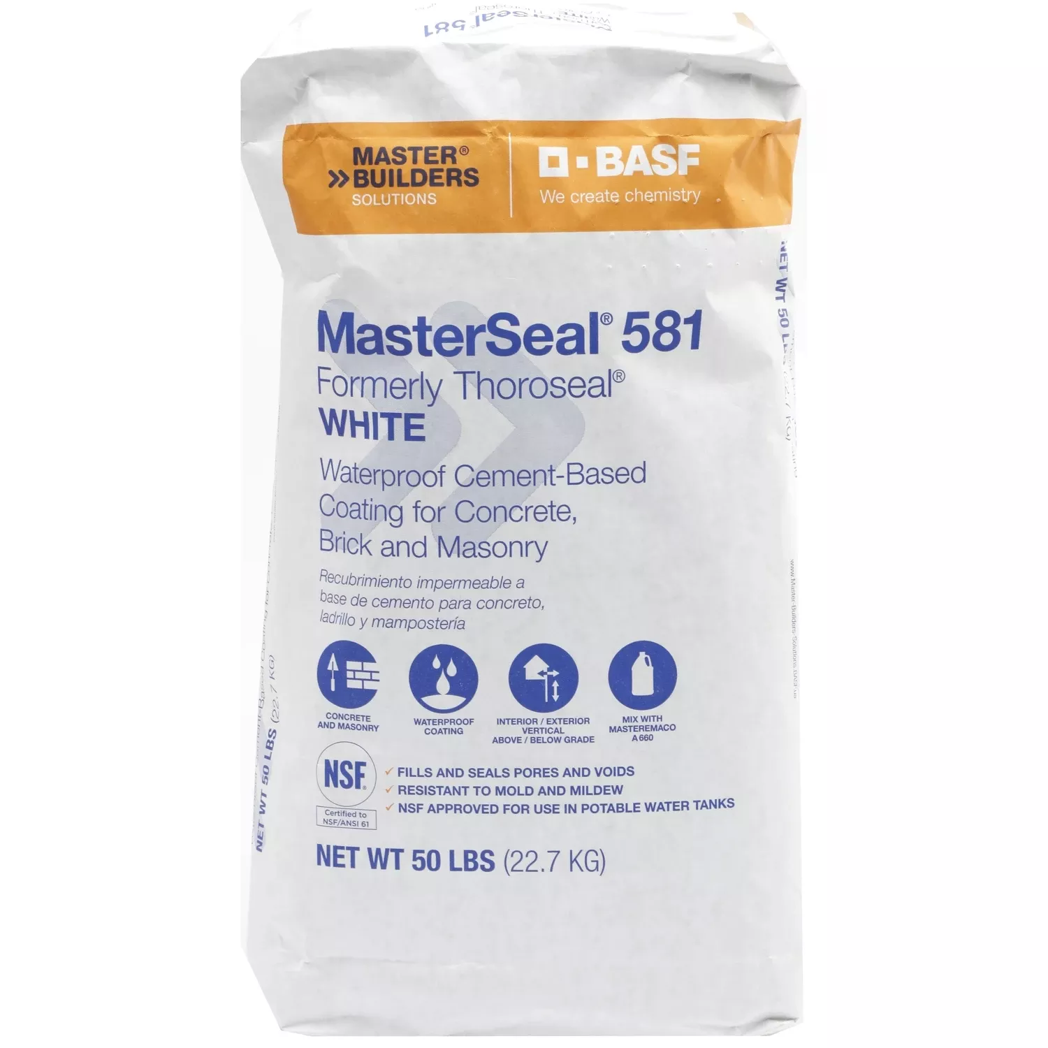 Masterseal 581 Waterproof Coating, Cement Based, White, 50 Lbs.