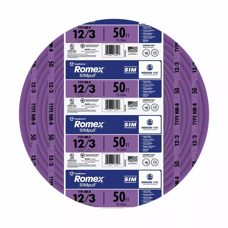 Non-metallic Romex Sheathed Electrical Cable With Ground, 12/3, 50 Ft.