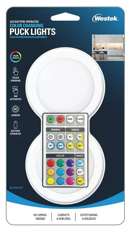 Westek White Battery Powered Led Puck Light With Remote 2 Pk