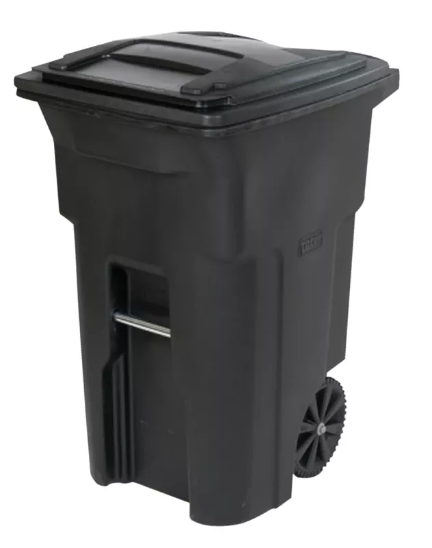 Wheeled Trash Can & Attached Lid, Black, 64 Gallons