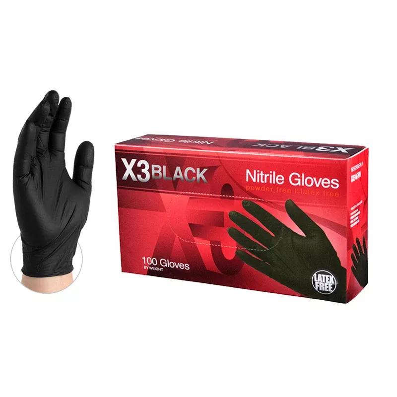 X3 Nitrile Disposable Gloves Medium Black Powder Free 100 Pk