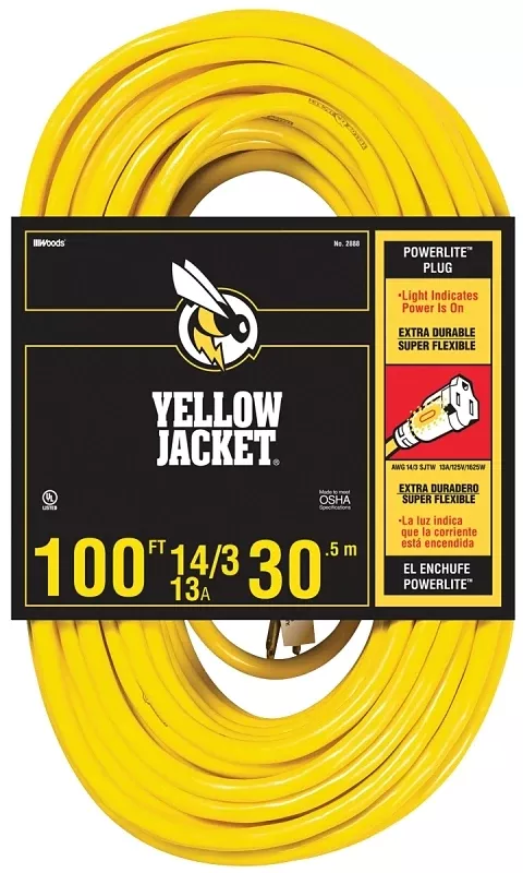 Yellow Jacket Extension Cord, 15a 14-gauge, 100 Ft.